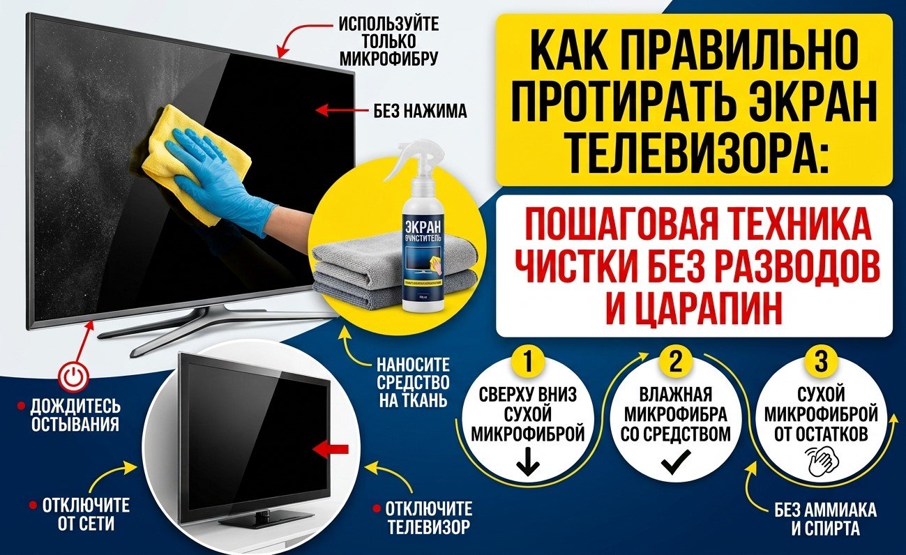 Как правильно протирать экран телевизора: пошаговая техника чистки без разводов и царапин