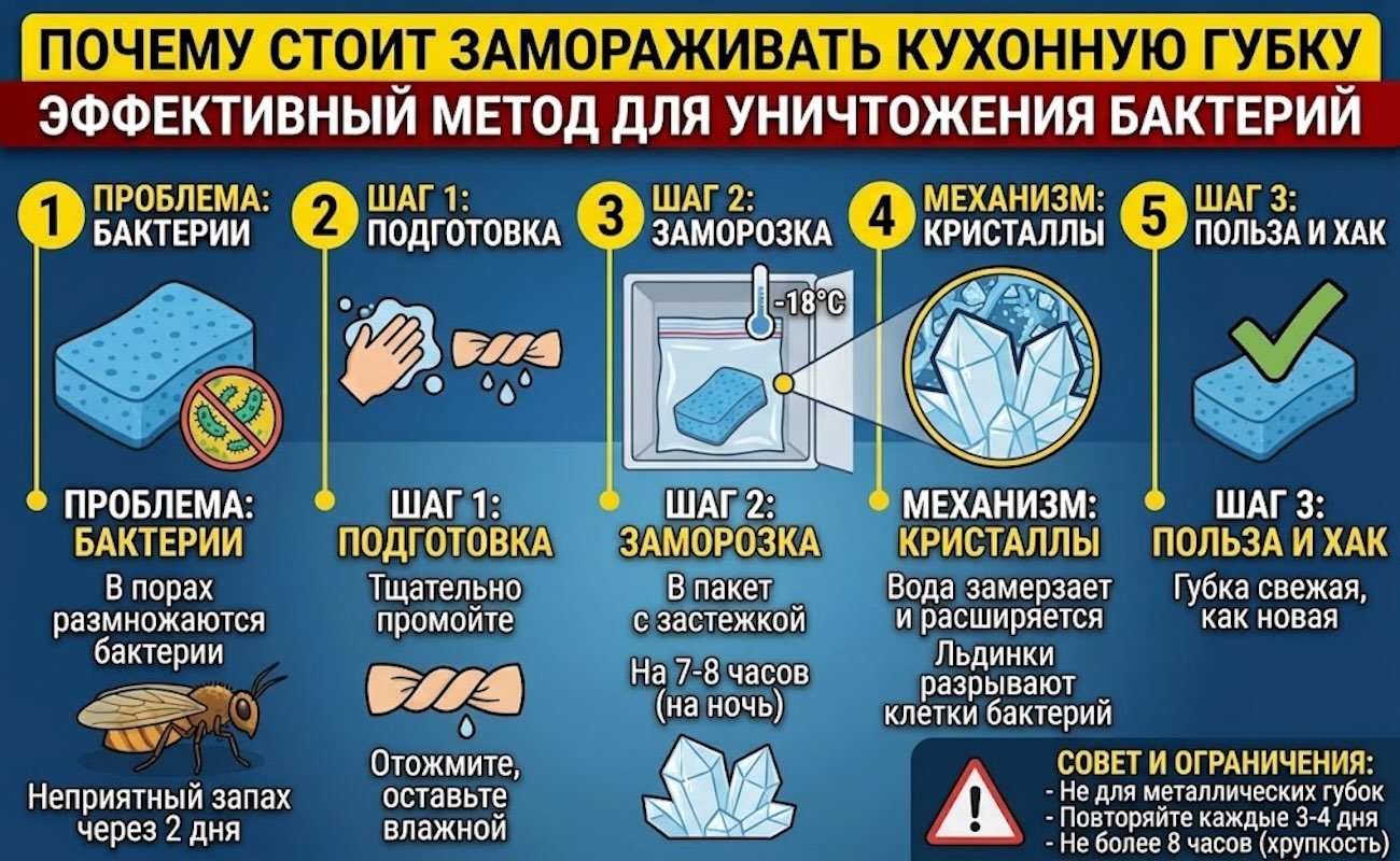 Зачем замораживать губку для посуды: трюк, который удивит каждую хозяйку