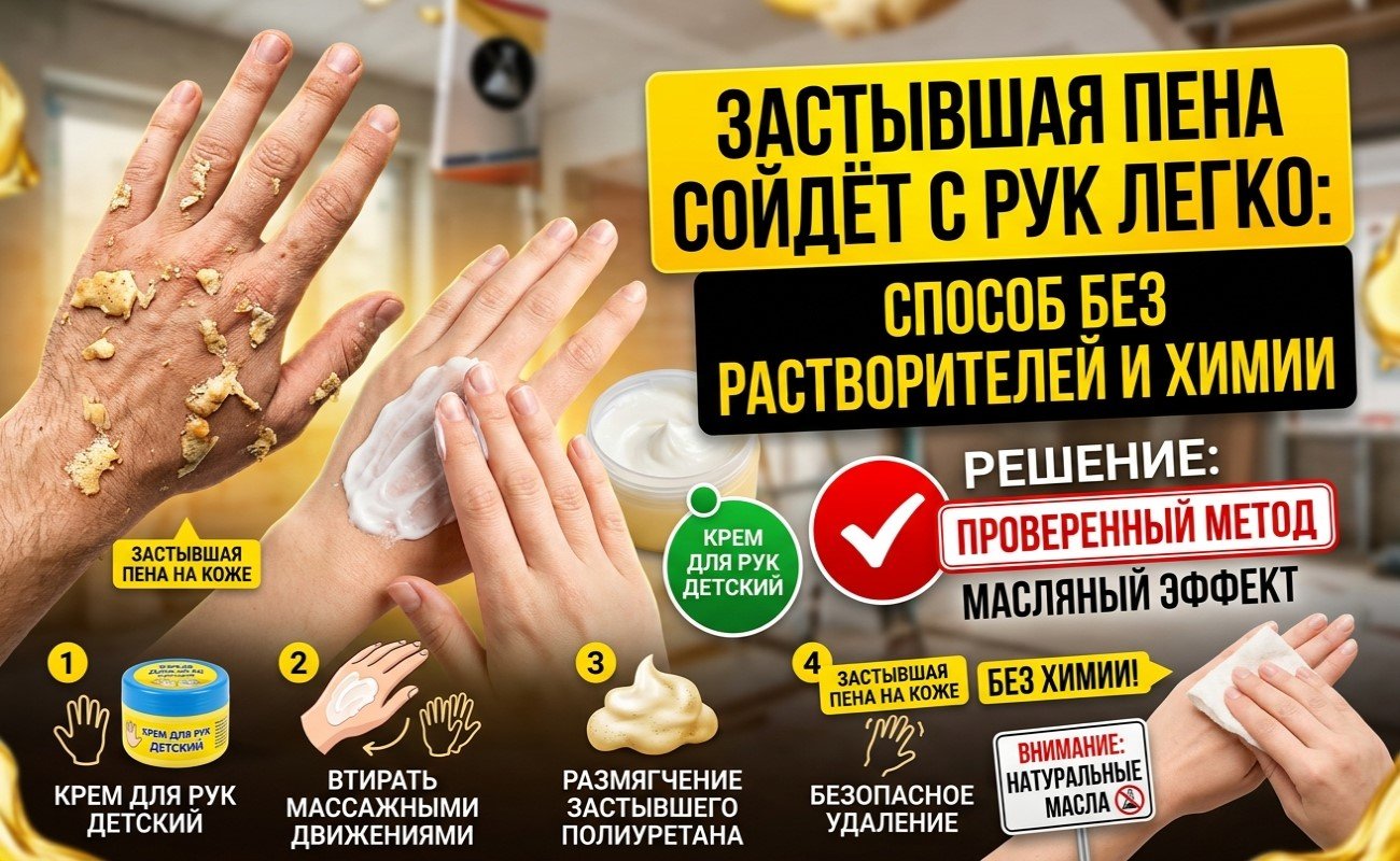 Застывшая монтажная пена сойдёт с рук легко: способ без растворителей и химии