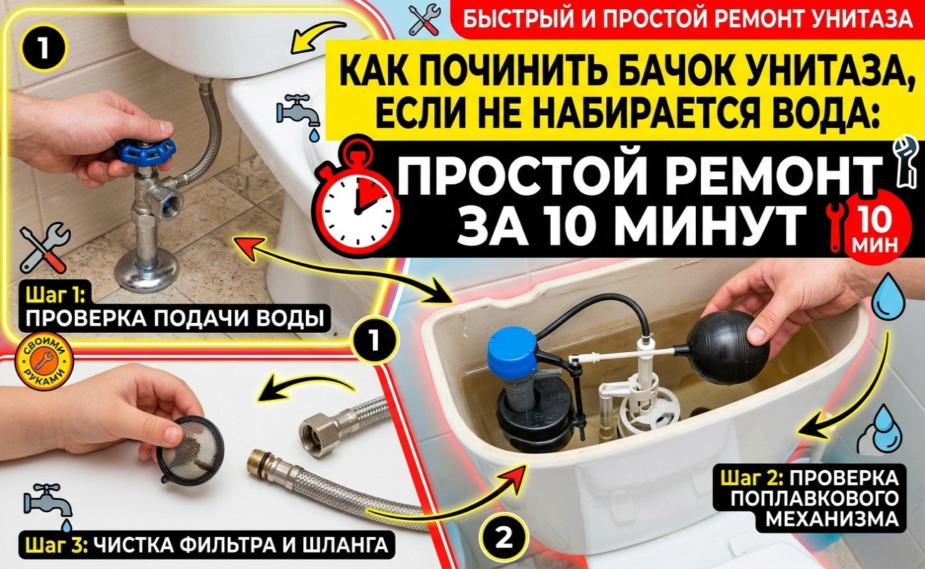 Как починить бачок унитаза, если не набирается вода: простой ремонт за 10 минут