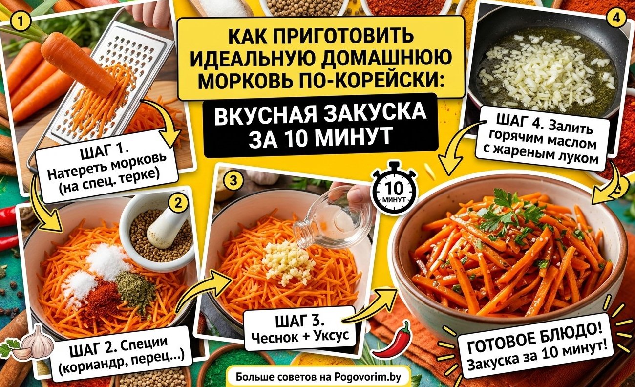 Как приготовить идеальную домашнюю морковь по-корейски: вкусная закуска за 10 минут