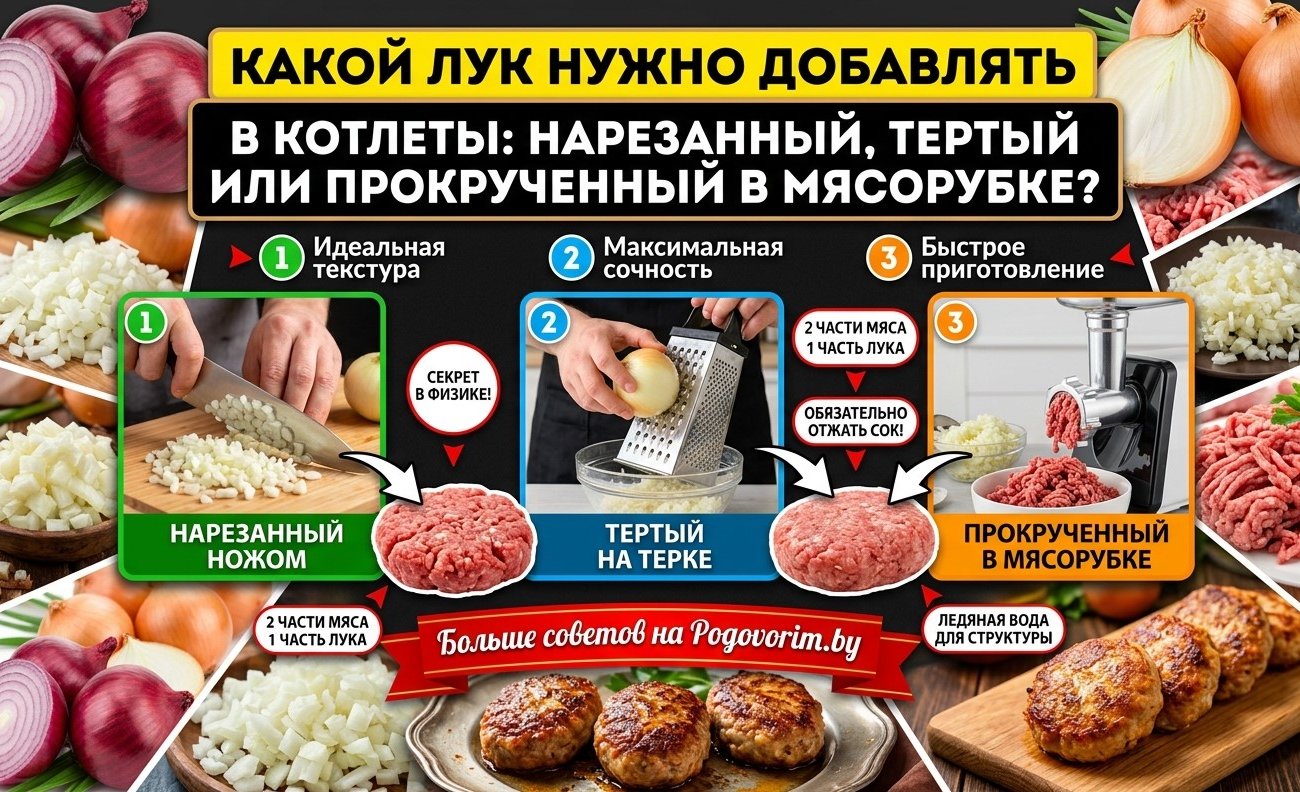 Какой лук нужно добавлять в котлеты: нарезанный, тертый или прокрученный в мясорубке?
