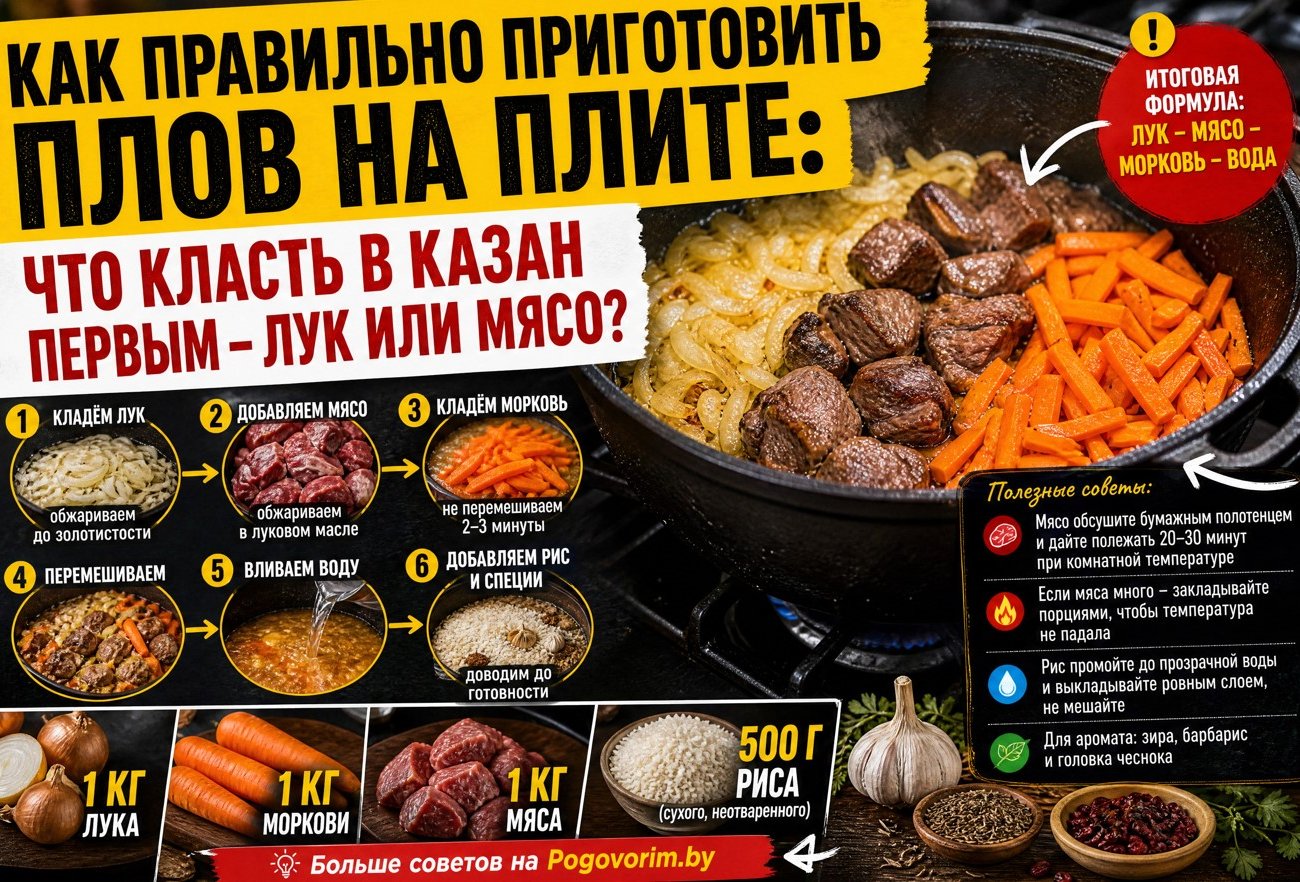 Как правильно приготовить плов на плите: что класть в казан первым - лук или мясо?