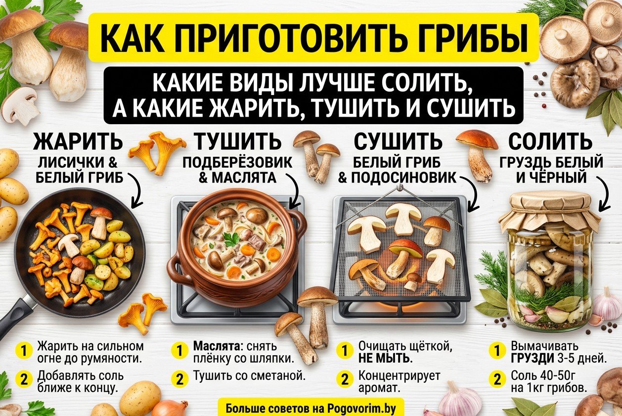 Как приготовить грибы: какие виды лучше солить, а какие жарить, тушить и сушить