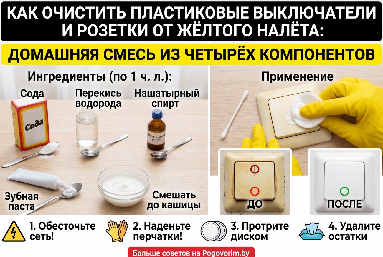Как очистить пластиковые выключатели и розетки от жёлтого налёта: домашняя смесь из четырёх компонентов
