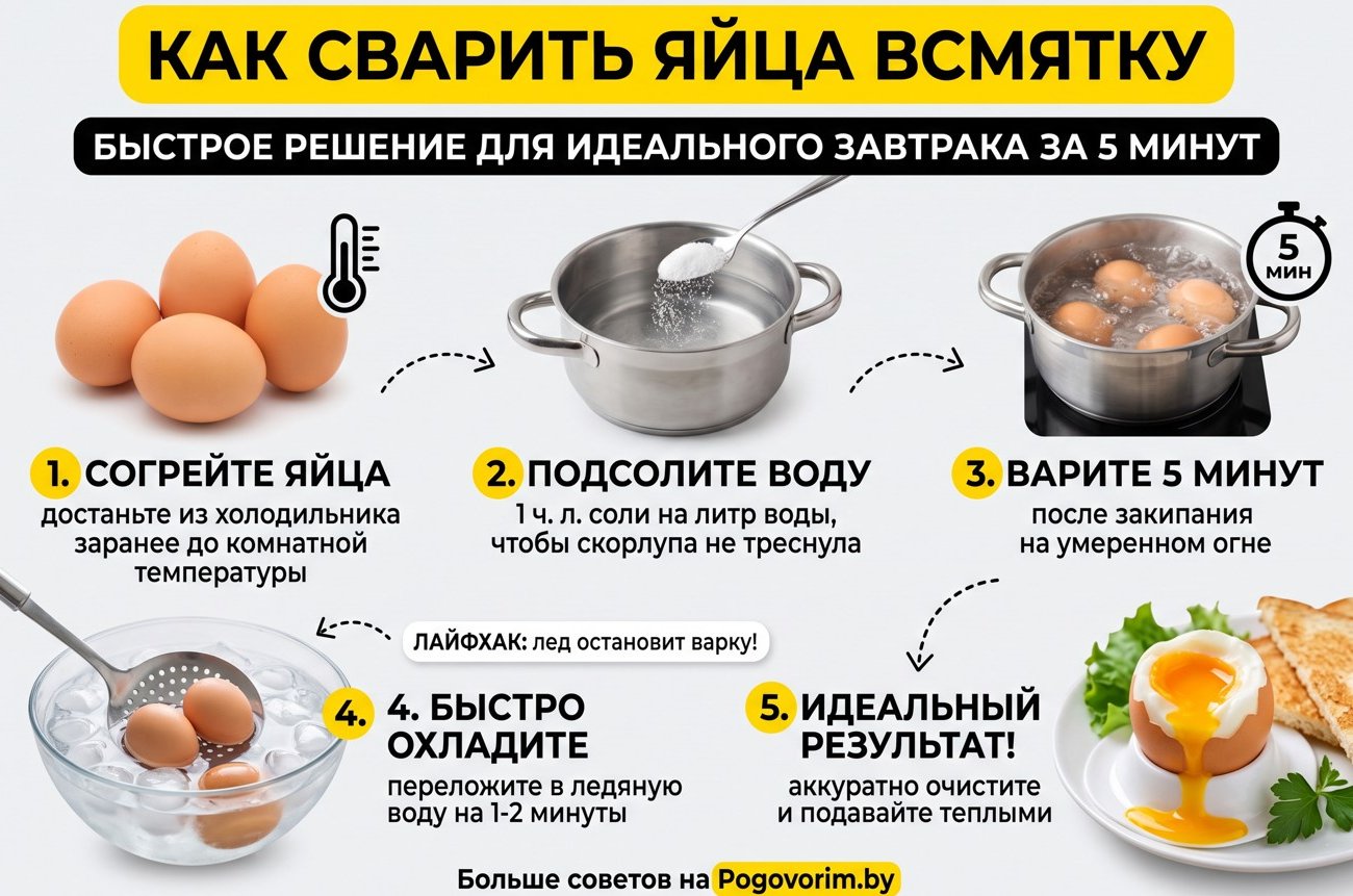Как сварить яйца всмятку: быстрое решение для идеального завтрака за 5 минут