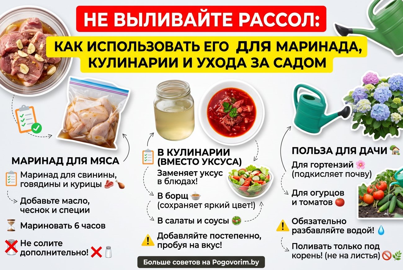 Не выливайте рассол: как использовать его для маринада, кулинарии и ухода за садом