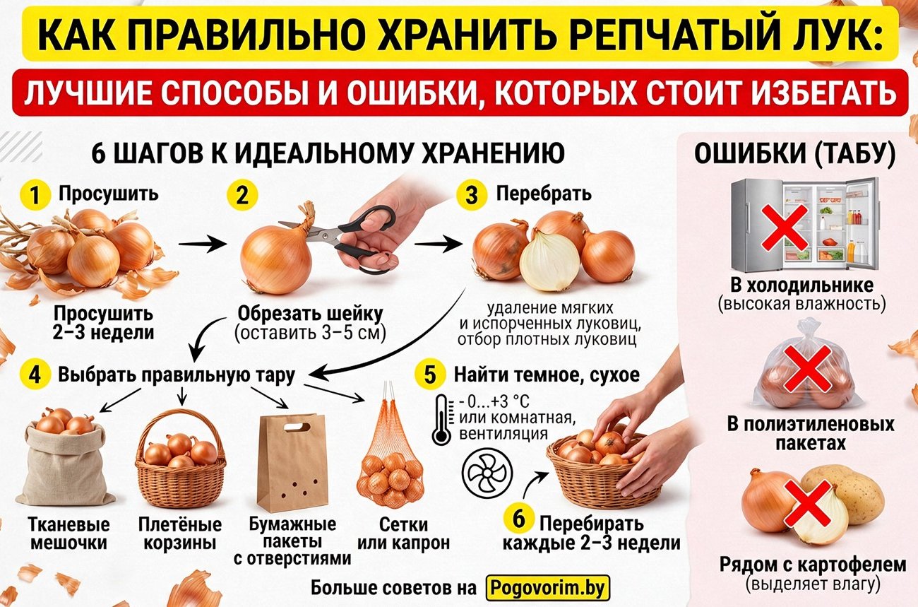 Как правильно хранить репчатый лук: лучшие способы и ошибки, которых стоит избегать