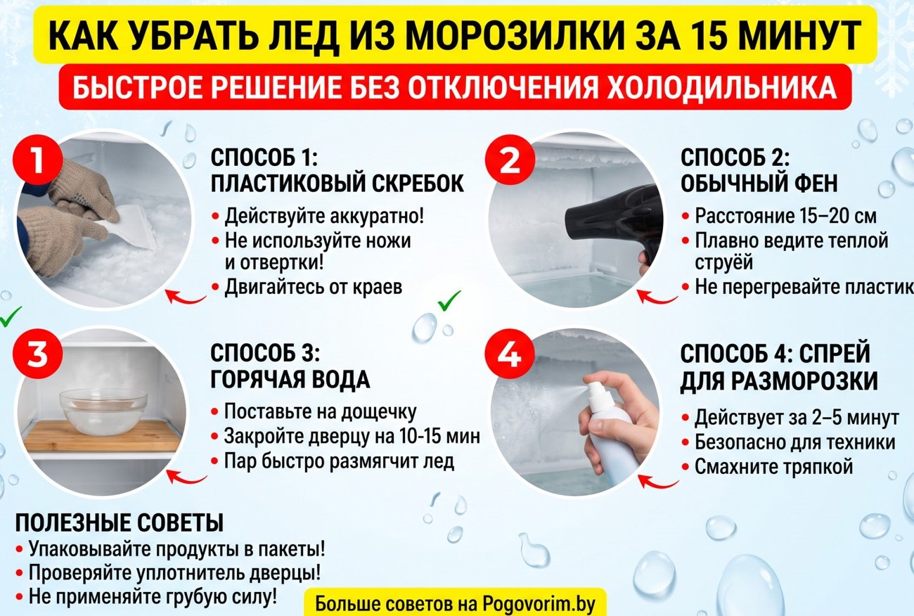 Как убрать лед из морозилки за 15 минут: быстрое решение без отключения холодильника