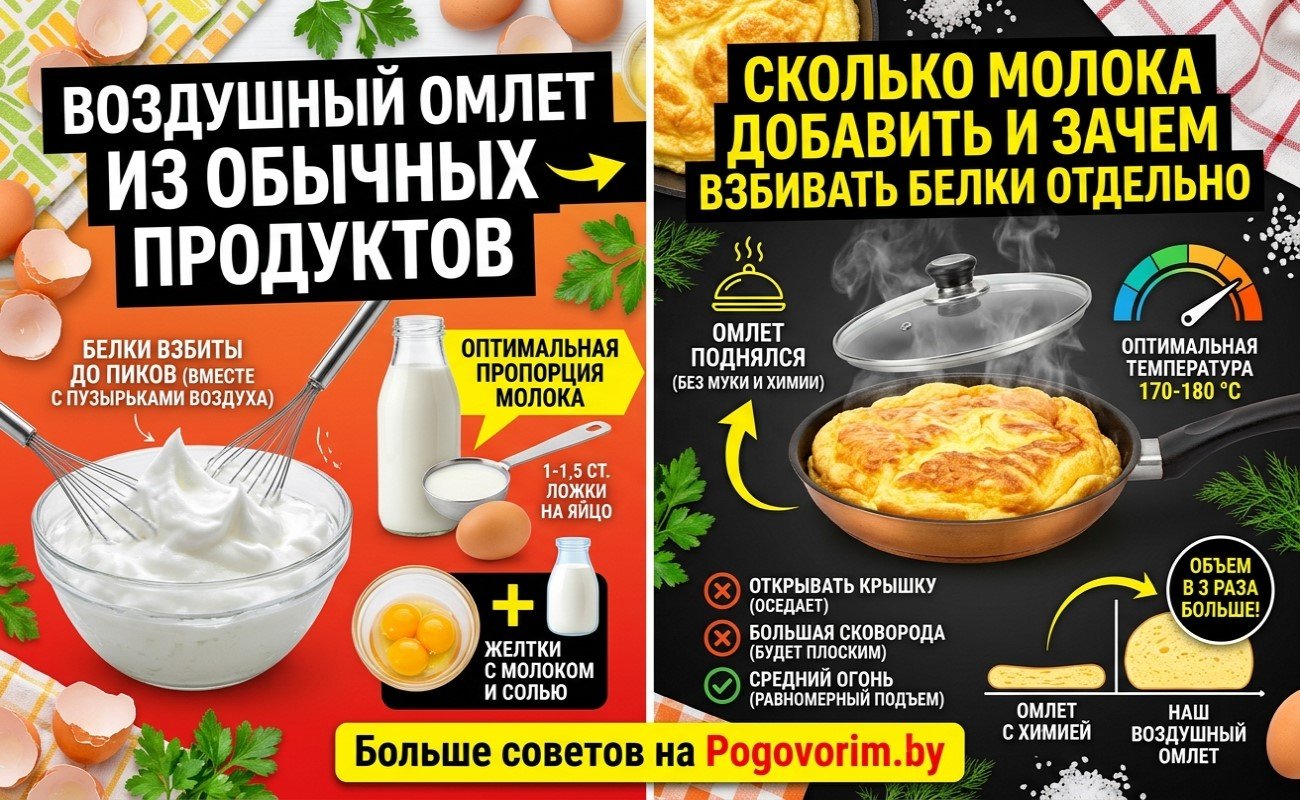 Воздушный омлет из обычных продуктов: сколько молока добавить и зачем взбивать белки отдельно