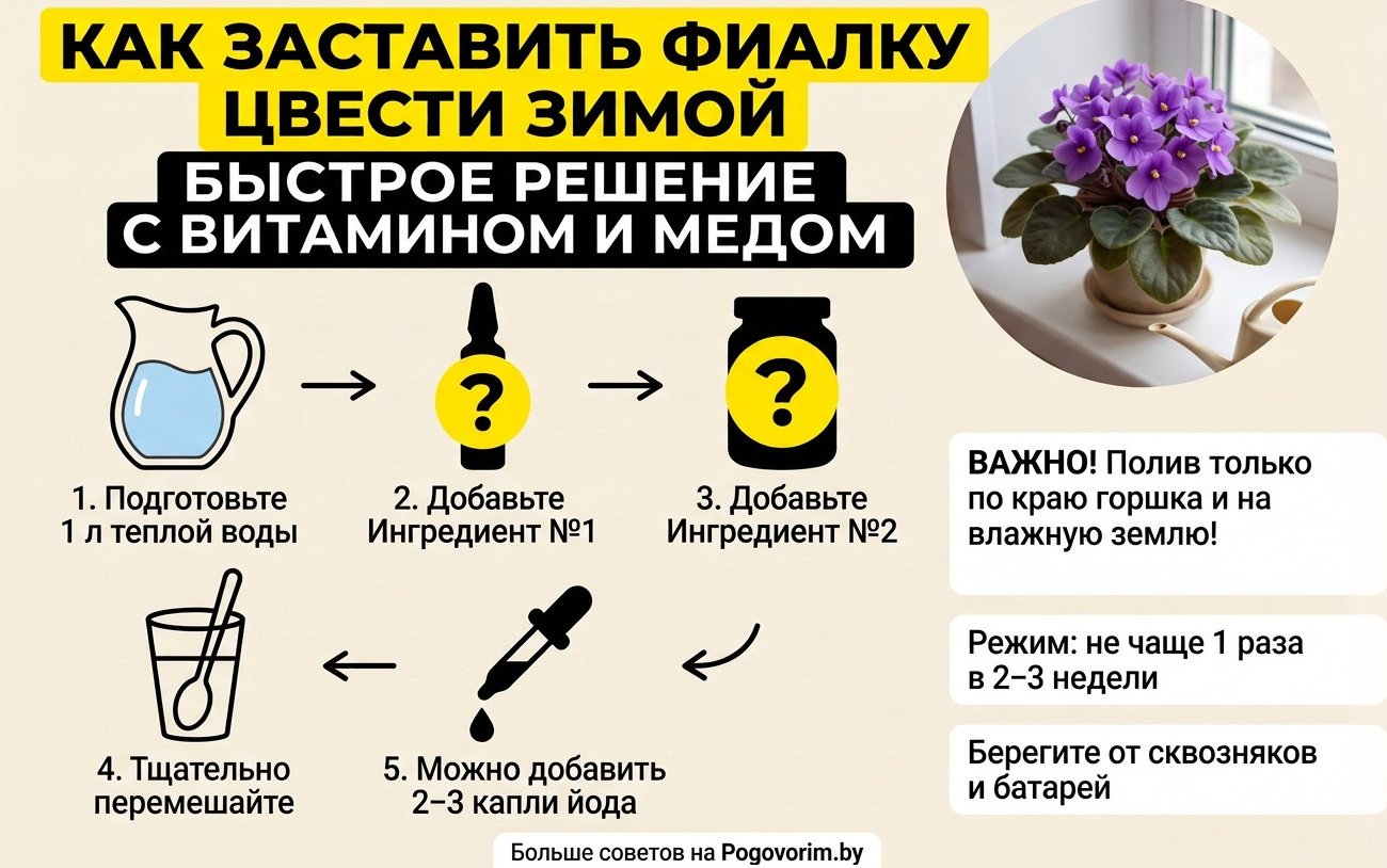 Как заставить фиалку цвести зимой: быстрое решение с витамином и медом