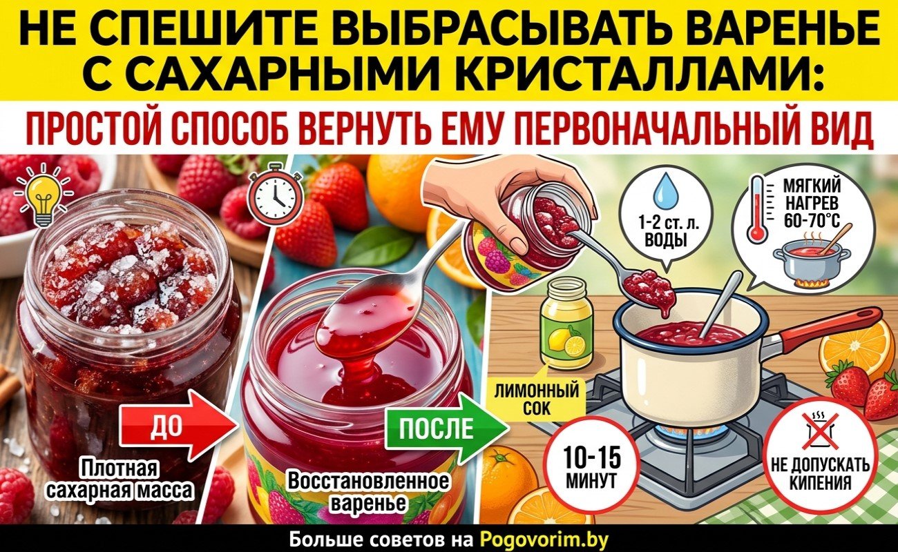 Не спешите выбрасывать варенье с сахарными кристаллами: простой способ вернуть ему первоначальный вид